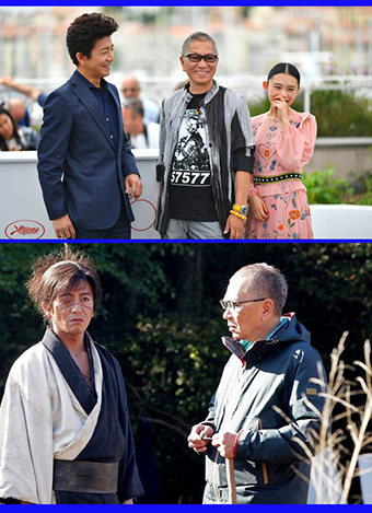 تاکاشی میکه با بازیگران «شمشیرهای ابدی» در جشنواره‌ی کن، و سر صحنه‌ی فیلم